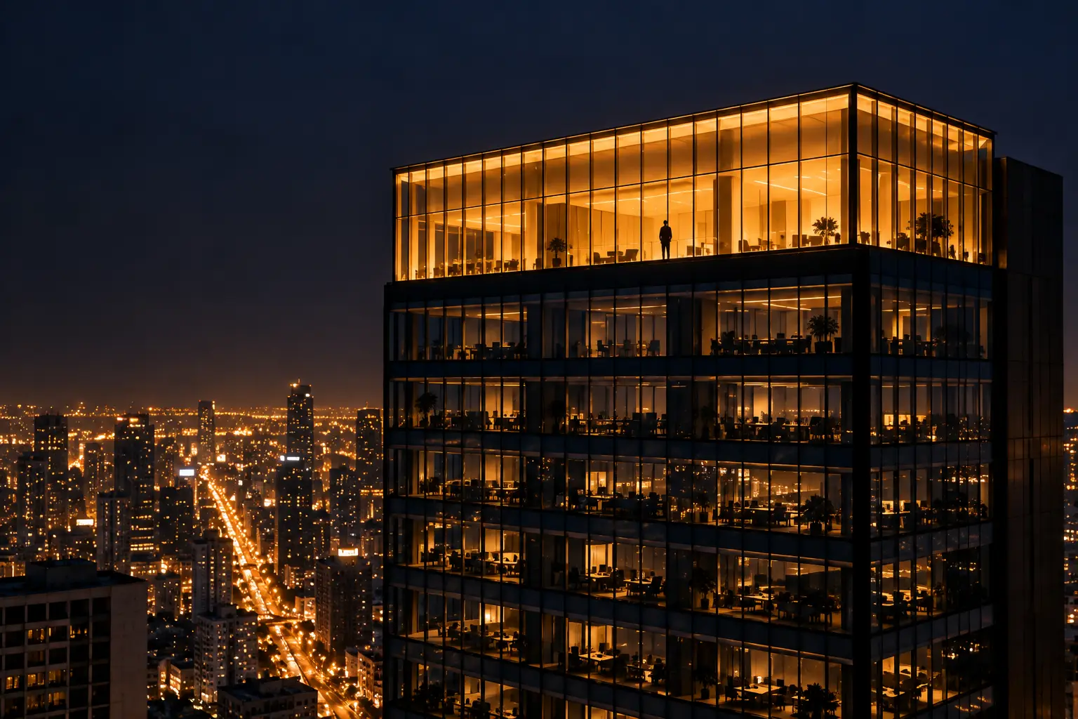 The top floor of a dark office tower at night, one window blazing gold with a lone figure in it, the city glowing below