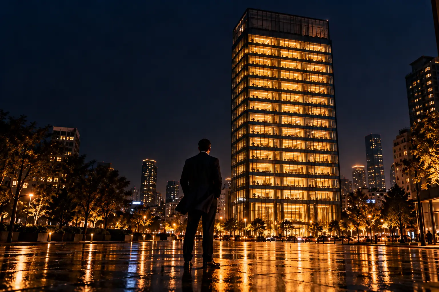 A leader seen from behind on a wet plaza at night, looking up at an office tower where every floor glows gold except the top one